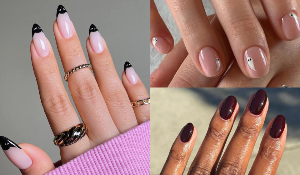Collage of three minimalist Halloween manicures: black cat-eye French tips, tiny white ghosts on nude nails and glossy oxblood.