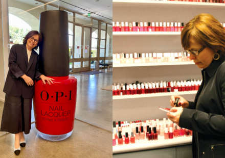 Side-by-side photos of Suzi Weiss-Fischmann posing beside an oversized red OPI nail polish bottle and painting a nail color swatch in front of shelves of polish.